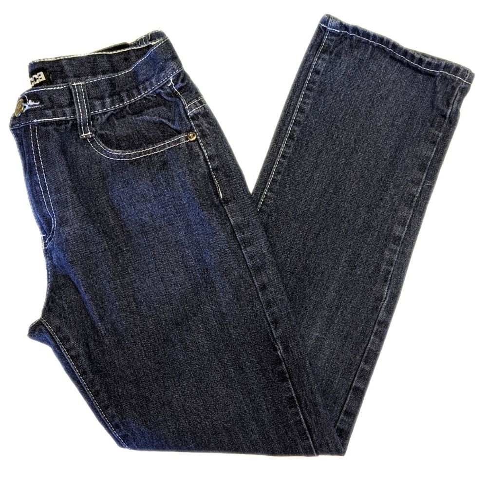 Mecca denim straight leg dark blue wash jeans, back pocket flaps, no size tag